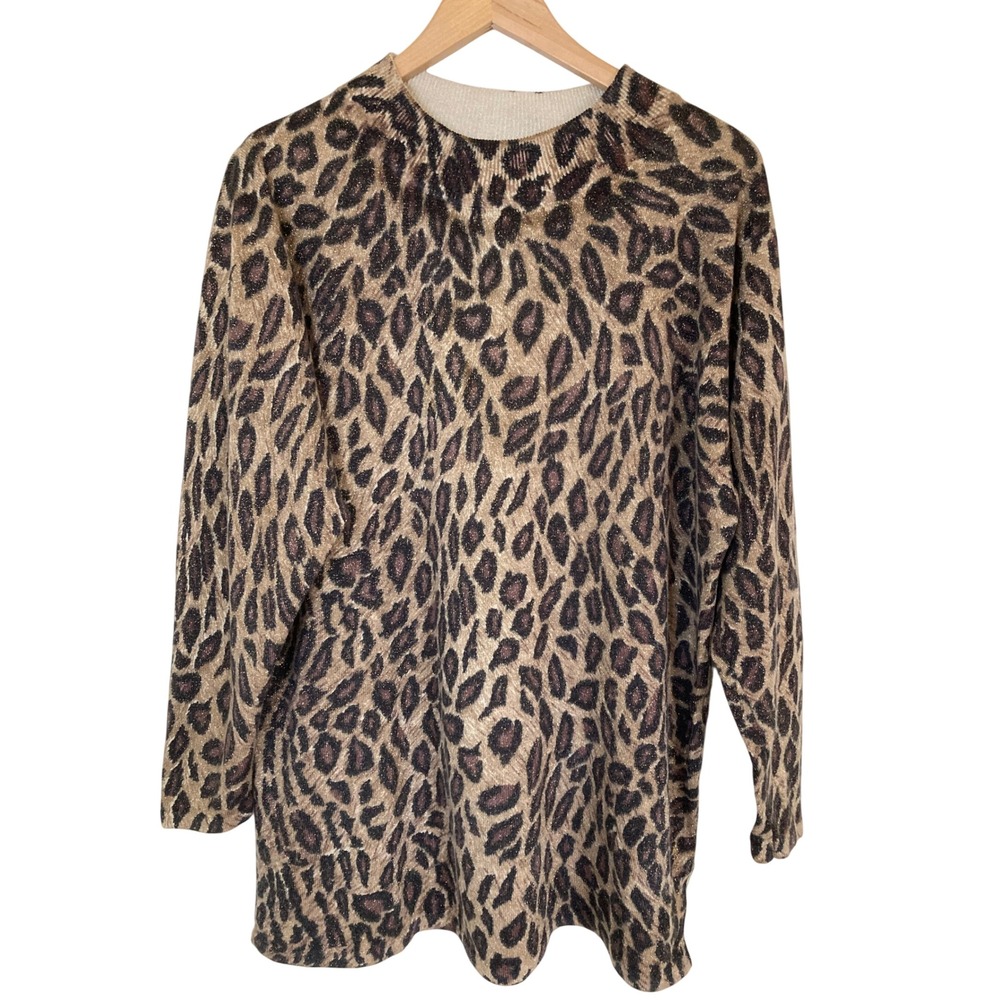 Yarnworks Leopard Print Metallic Shimmer Crew Neck Sweater XL Tan Gold Brown